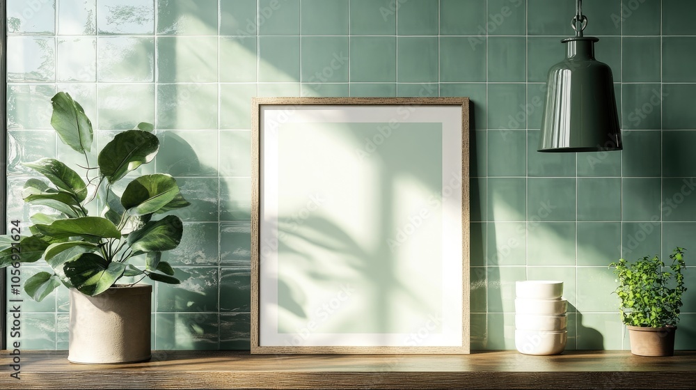 A wooden table features a picture frame for a wall art mockup complemented by a potted plant and sage green tiled wall in a kitchen setting A wooden table features a picture frame for a wall art mockup complemented by a potted plant and sage green tiled wall in a kitchen setting