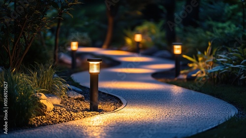 Row of modern outdoor pathway lights illuminating a curved garden path at night