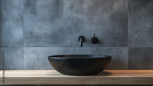Fototapeta Naklejka Na Ścianę i Meble -  Elegant black vessel sink with faucet on a wall mounted wooden countertop beside a concrete tiled wall featuring ample copy space A minimalist design for a contemporary bathroom