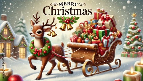 Cute reindeer pulling a sleigh overflowing with an abundance of beautifully wrapped presents Christmas illustration