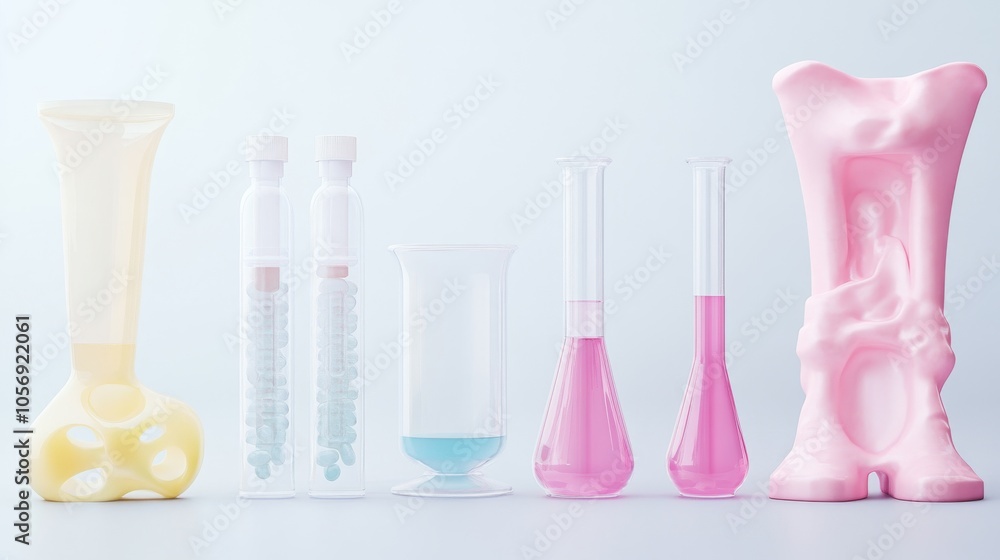 A collection of laboratory glassware including beakers, test tubes, and a unique pink flask, perfect for scientific themes. A collection of laboratory glassware including beakers, test tubes, and a unique pink flask, perfect for scientific themes.