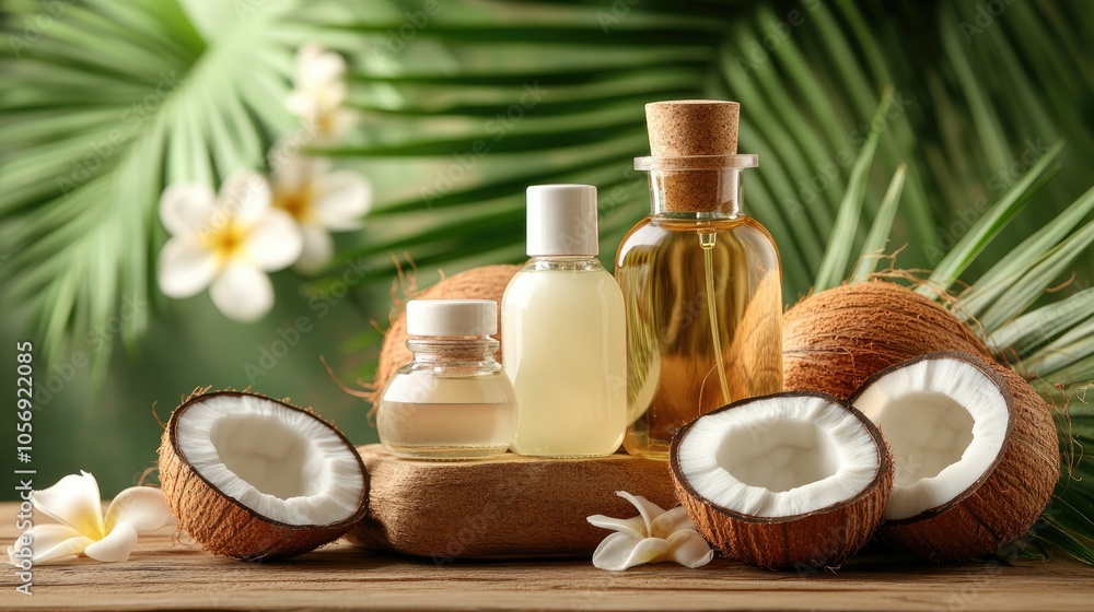 Variety of coconut oil products alongside fresh coconuts on a rustic table surrounded by tropical foliage Variety of coconut oil products alongside fresh coconuts on a rustic table surrounded by tropical foliage