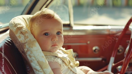 Adorable Baby in Car Seat Enjoying a Sunny Car Ride photo