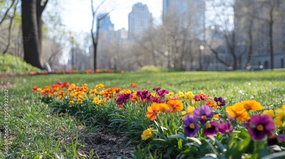 Blooming Flowers Represent the Renewal of Spring in a City Park Setting Blooming Flowers Represent the Renewal of Spring in a City Park Setting