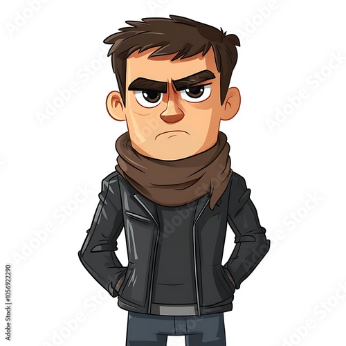 Cartoon guy with a serious face, sporting a trench coat and scarf on a white background.