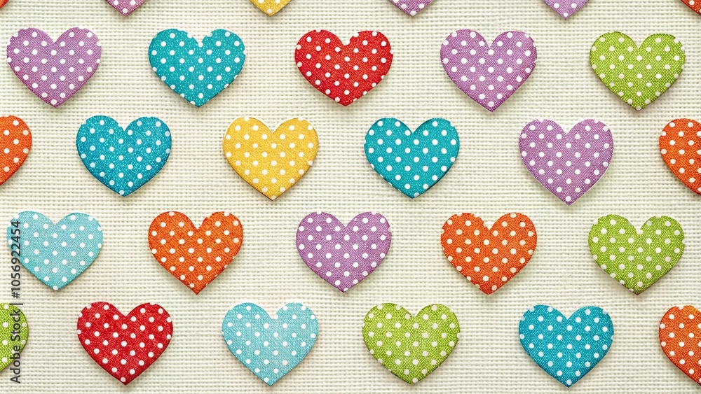 Colorful polka dot hearts arranged creatively, playful design, cheerful ambiance, textile background Colorful polka dot hearts arranged creatively, playful design, cheerful ambiance, textile background