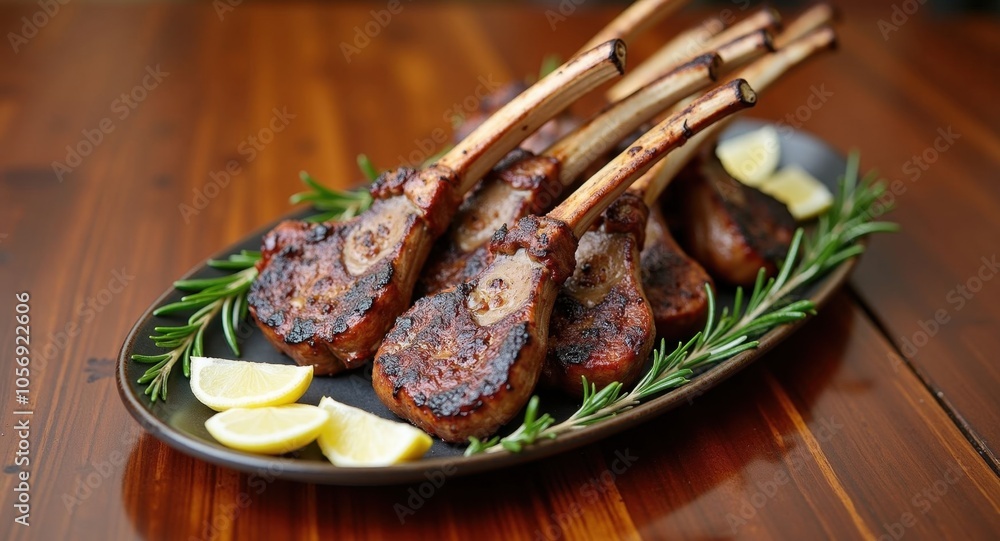 A platter of grilled lamb chops with rosemary and garlic A platter of grilled lamb chops with rosemary and garlic