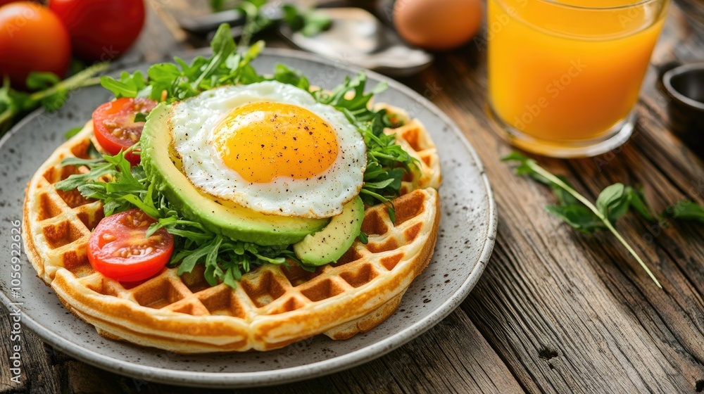 Delicious Belgian waffles topped with avocado eggs micro greens and tomatoes served with orange juice and tea on a wooden table Ideal for a healthy breakfast or weight loss Avocado sandwich Delicious Belgian waffles topped with avocado eggs micro greens and tomatoes served with orange juice and tea on a wooden table Ideal for a healthy breakfast or weight loss Avocado sandwich