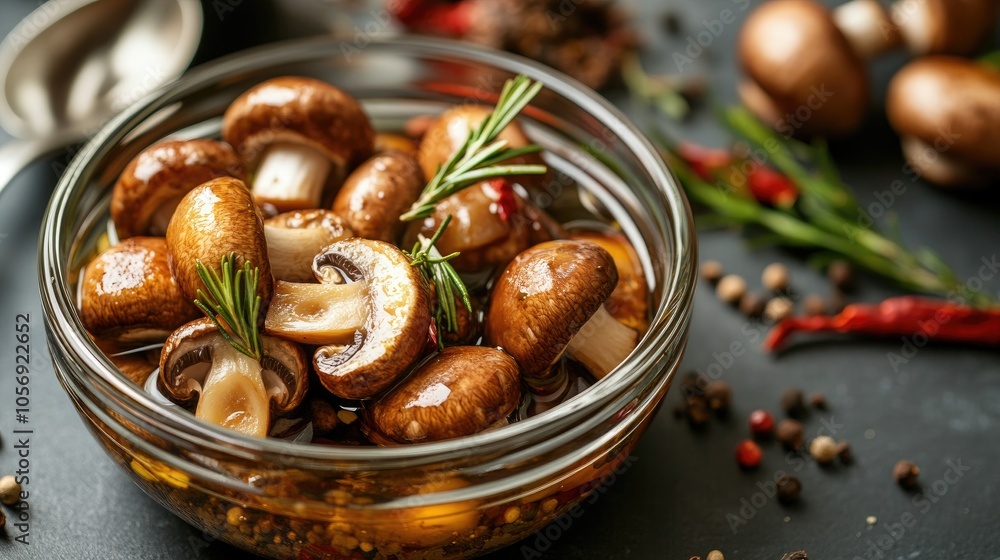 Fototapeta premium Pickled Mushrooms In The Bowl With Spices