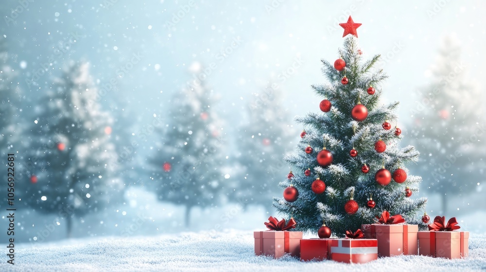 Christmas tree adorned with red ornaments and surrounded by presents in a snowy blue toned setting Christmas tree adorned with red ornaments and surrounded by presents in a snowy blue toned setting