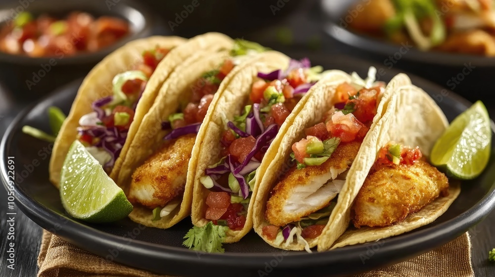 A serving of crispy fish tacos garnished with shredded cabbage salsa and a fresh squeeze of lime A serving of crispy fish tacos garnished with shredded cabbage salsa and a fresh squeeze of lime