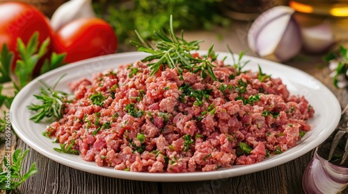 Minced Meat With Herbs On A White