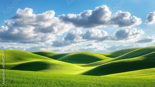 Vibrant green grass blankets rolling hills set against a clear blue sky dotted with fluffy white clouds creating a picturesque landscape
