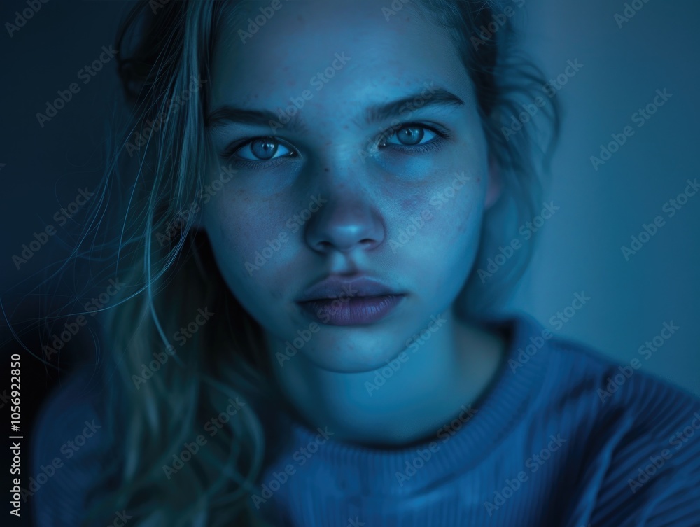 Expressive Young Woman with Freckles in Moody Blue Lighting Expressive Young Woman with Freckles in Moody Blue Lighting
