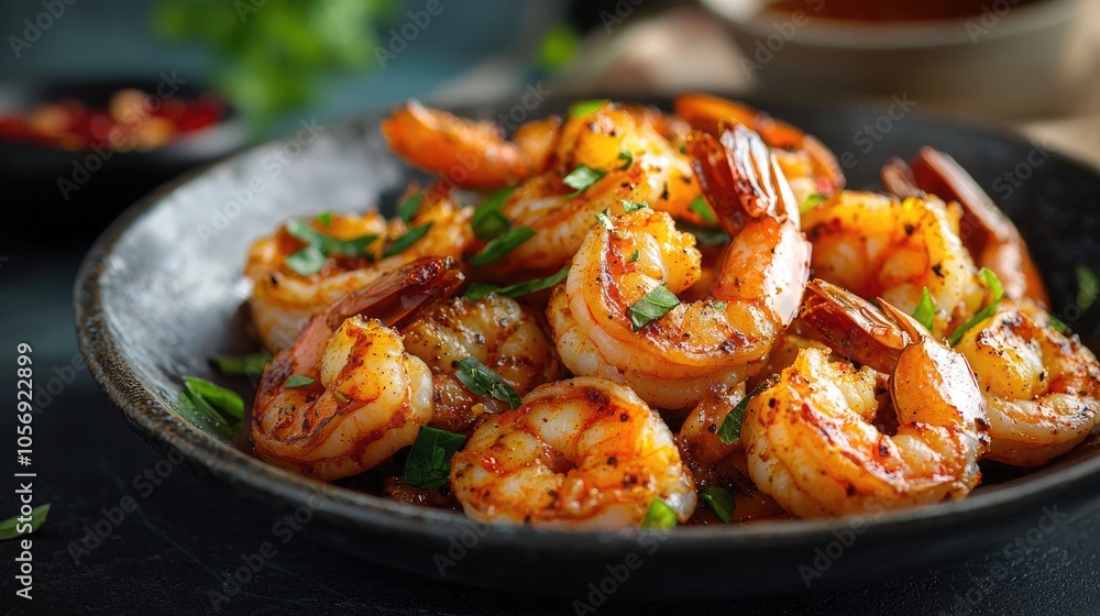 Spicy Tail On Cajun Shrimp Dinner Or Appetizer With Dark Moody Lighting Spicy Tail On Cajun Shrimp Dinner Or Appetizer With Dark Moody Lighting