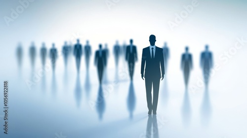 A confident businessman stands out among a crowd, representing leadership and individuality in a professional setting.