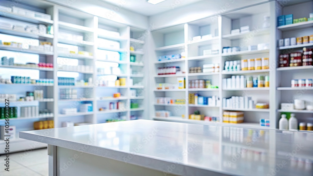 Empty White Table with Pharmacy Shelves - Double Exposure Photography for Product Display Mockup Template Empty White Table with Pharmacy Shelves - Double Exposure Photography for Product Display Mockup Template