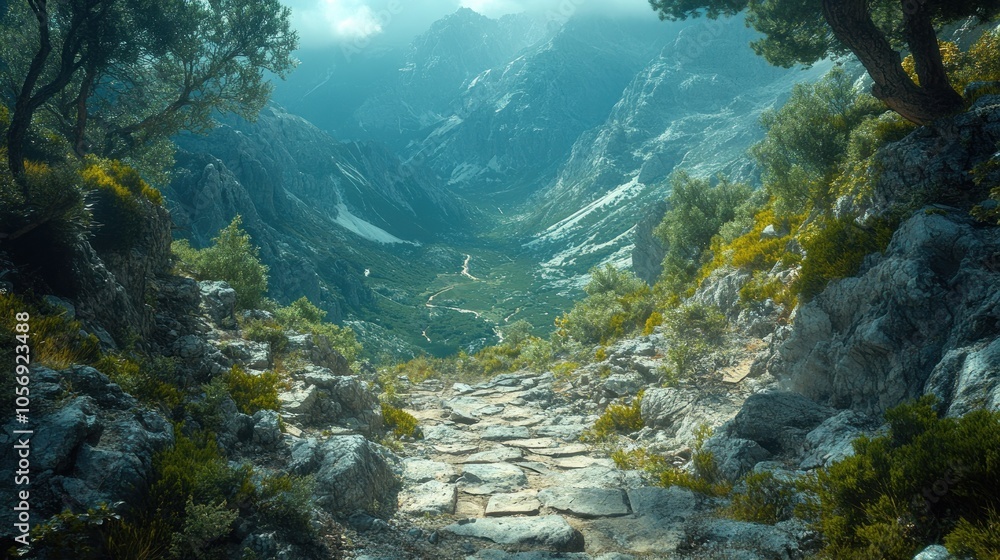 A scenic view of a mountain valley with a winding road and a path leading down to it. A scenic view of a mountain valley with a winding road and a path leading down to it.