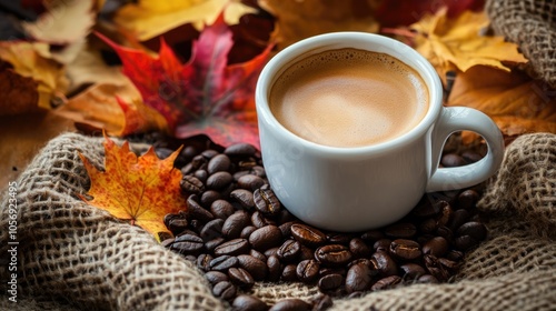 A warm cup of coffee nestled among autumn leaves and coffee beans enhancing the inviting ambiance of the scene