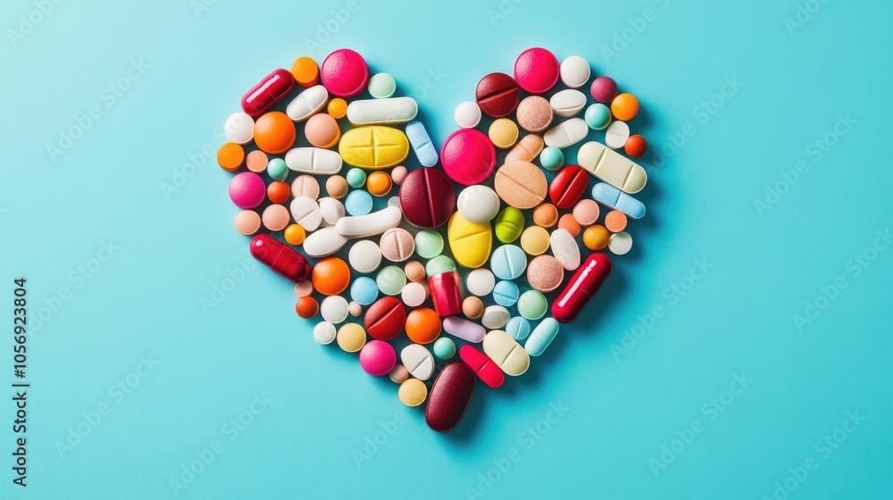 Heart shaped arrangement of various pills on a blue background Heart shaped arrangement of various pills on a blue background