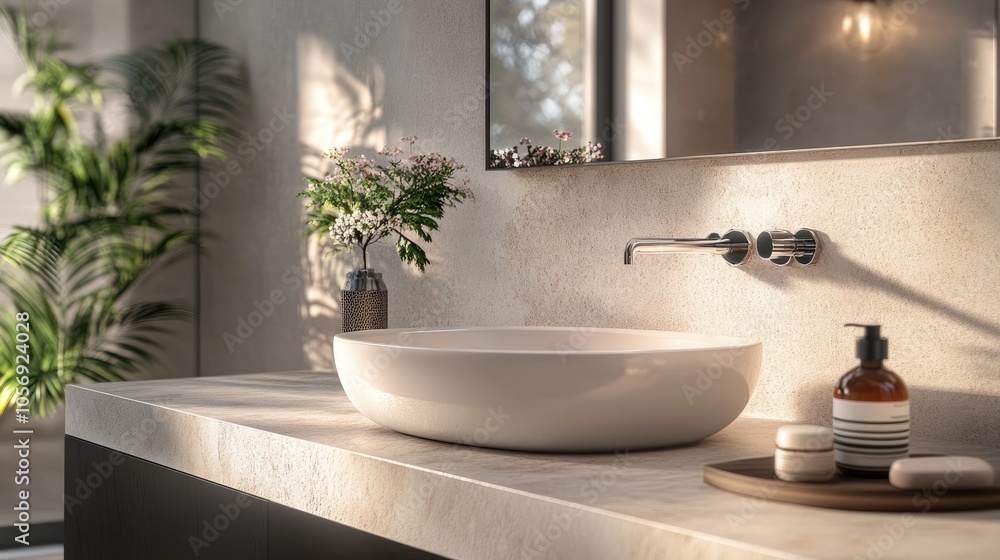 A modern sticker mockup is displayed on an elegant countertop bathed in warm natural light that highlights its design A modern sticker mockup is displayed on an elegant countertop bathed in warm natural light that highlights its design