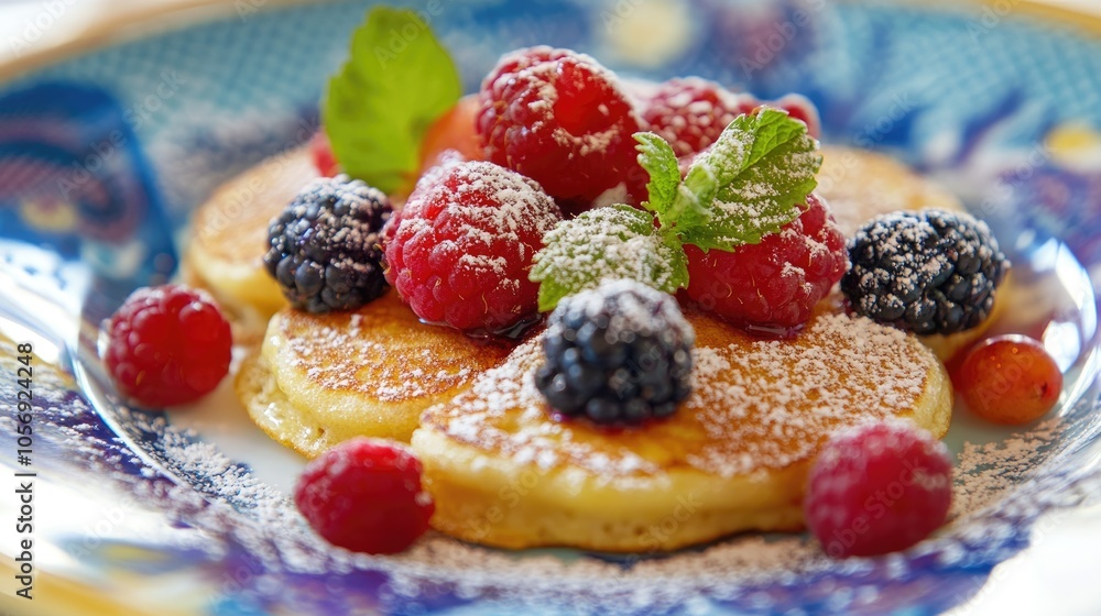Golden Pancakes Topped with Fresh Berries Served on a Bright Plate Golden Pancakes Topped with Fresh Berries Served on a Bright Plate