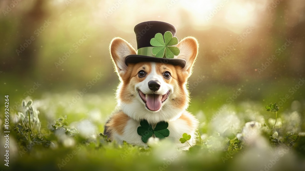 Charming corgi adorned with a top hat and shamrock joyfully celebrating a festive occasion Charming corgi adorned with a top hat and shamrock joyfully celebrating a festive occasion