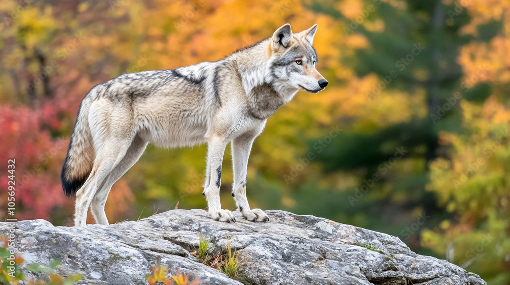 Wolf Standing on Rocky Cliff in Autumn Forest Wolf Standing on Rocky Cliff in Autumn Forest