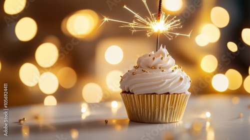 Festive cupcake adorned with a sparkler on a white table with soft golden lights creating a joyous atmosphere for celebrations and memorable events