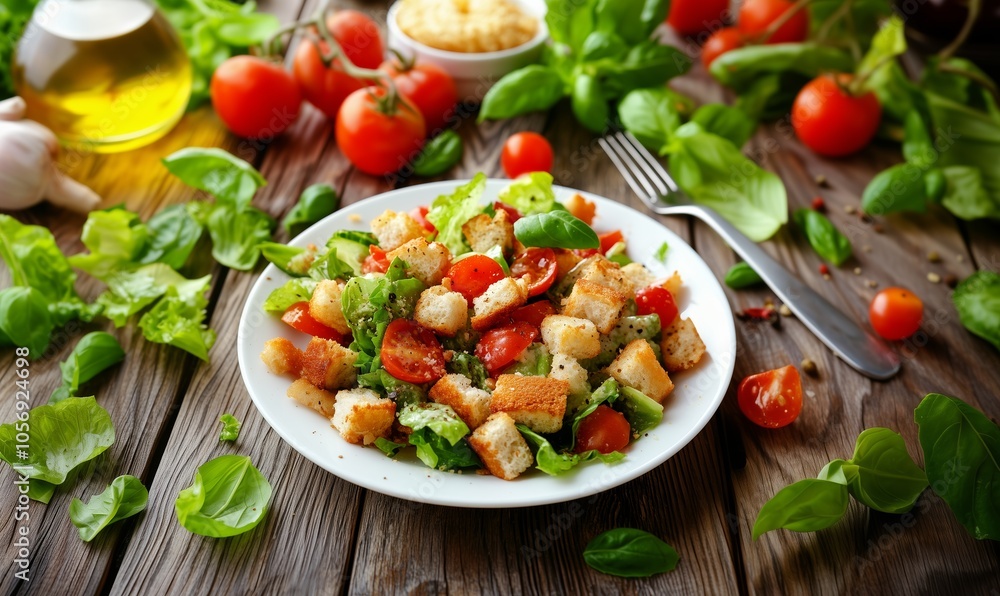 Fresh garden salad with cherry tomatoes and croutons served on a wooden table surrounded by herbs and olive oil Fresh garden salad with cherry tomatoes and croutons served on a wooden table surrounded by herbs and olive oil
