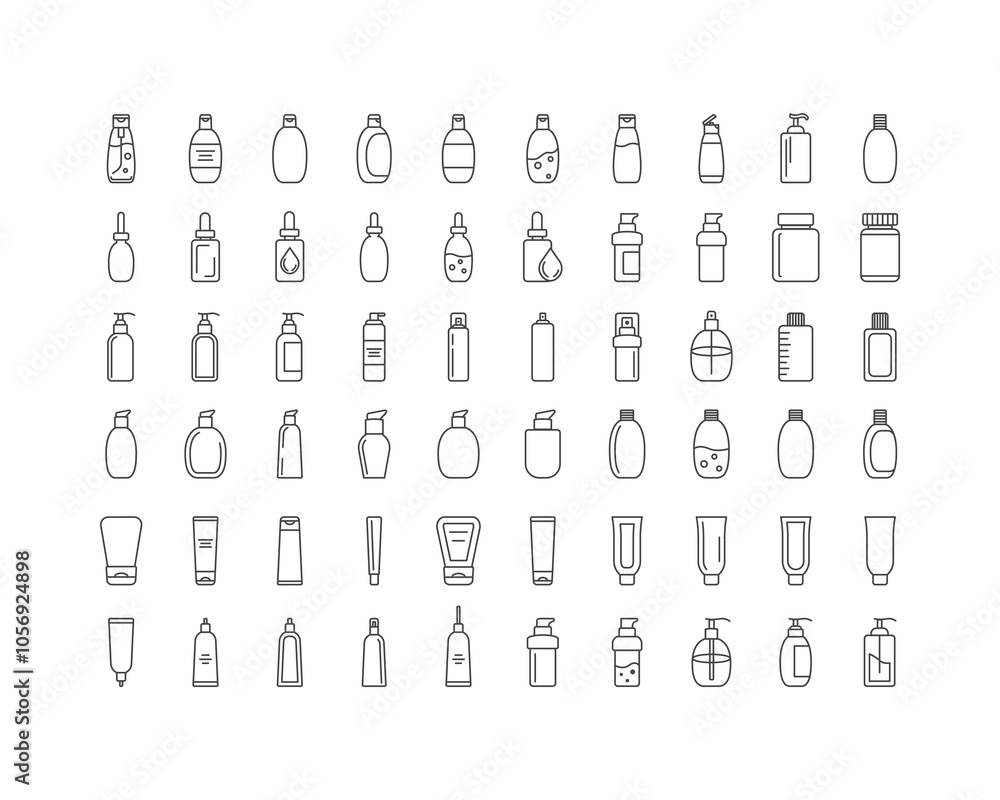 Collection vector icons of beauty, cosmetics and care. Bottle, jar, shower gel, face cream, body lotion, spray, ointment, paste.