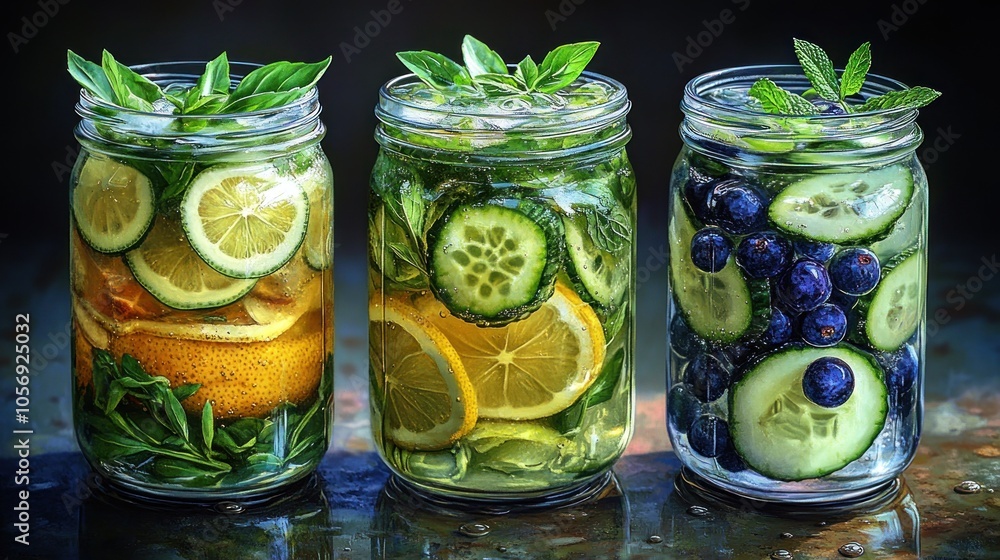 Refreshing fruit-infused drinks in jars with mint and cucumber. Refreshing fruit-infused drinks in jars with mint and cucumber.