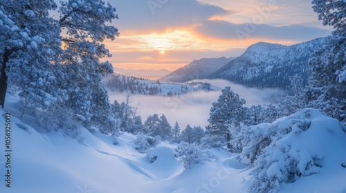 Snowy Mountain Valley with Fog and Sunset