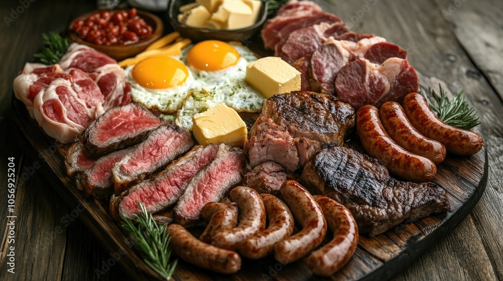 Assorted platter featuring meat bacon steak eggs sausages butter and cheese Assorted platter featuring meat bacon steak eggs sausages butter and cheese