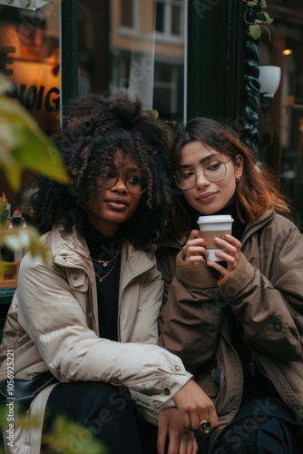 Diverse Friends Enjoying Coffee Outdoors in Autumn Park with Warm Smiles