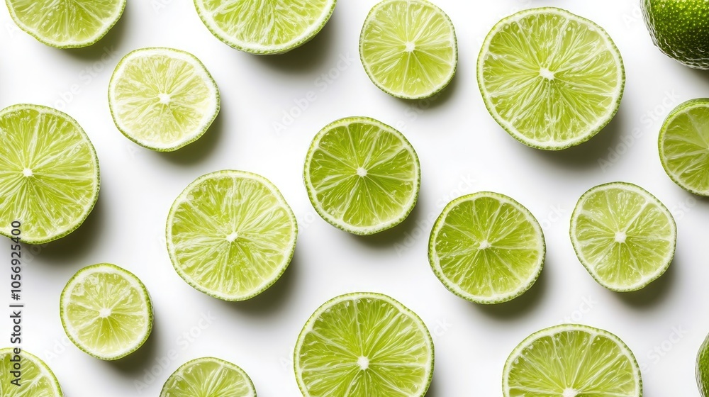 Aerial view of vibrant green lime slices arranged on a clean white surface Aerial view of vibrant green lime slices arranged on a clean white surface