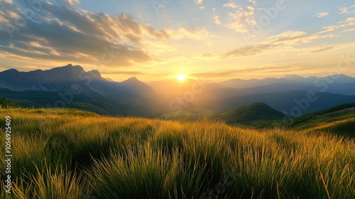 Tranquil Sunrise Above Lush Grass with Majestic Mountain View