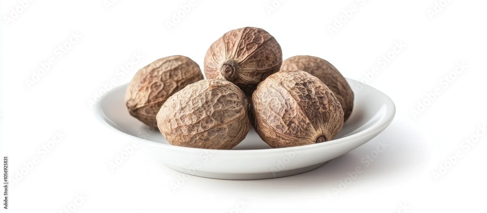 Nutmeg In White Plate Isolated On White Background Nutmeg In White Plate Isolated On White Background