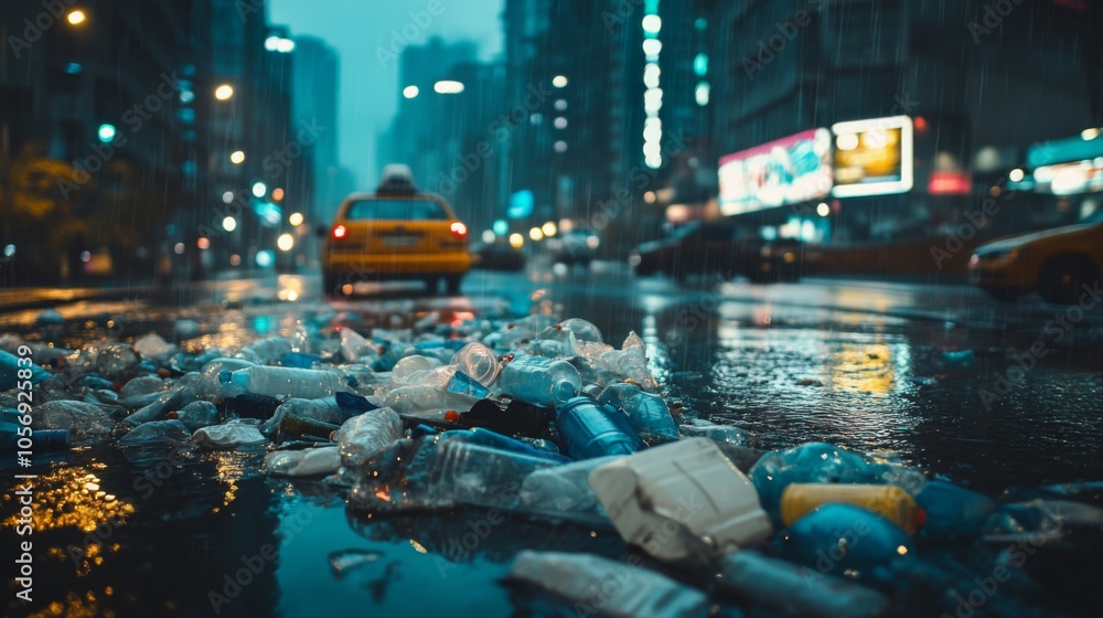 Plastic Waste Accumulated on a Rainy City Street Plastic Waste Accumulated on a Rainy City Street