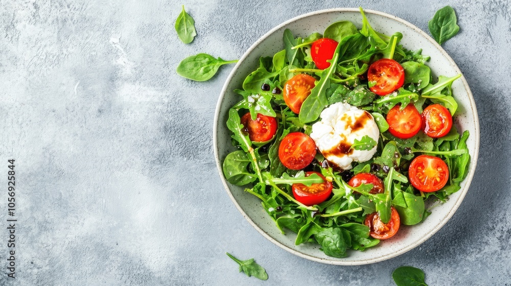 Arugula and spinach salad featuring fresh cherry tomatoes and Italian burrata cheese drizzled with balsamic vinegar set against a light grey concrete backdrop Arugula and spinach salad featuring fresh cherry tomatoes and Italian burrata cheese drizzled with balsamic vinegar set against a light grey concrete backdrop