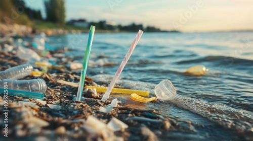 Plastic Pollution on a Sandy Beach Shoreline photo