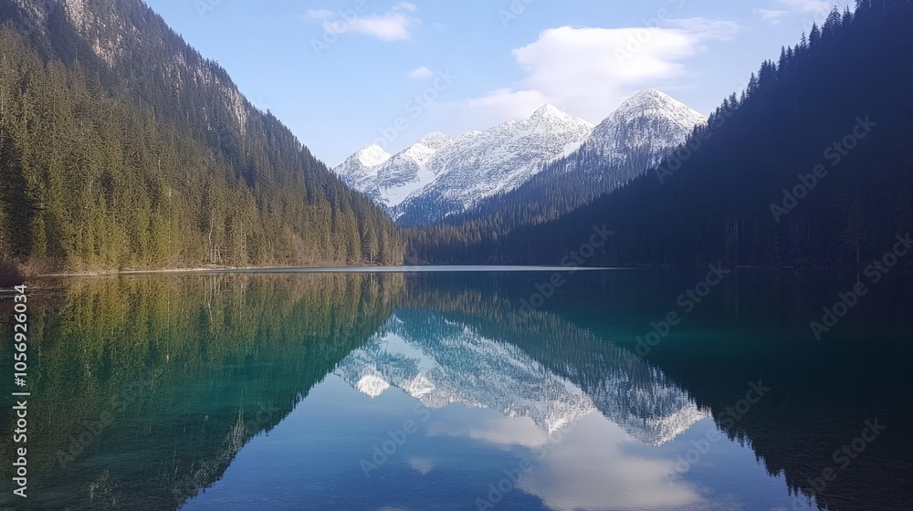 Crystal Clear Alpine Lake Reflecting Mountains and Trees Crystal Clear Alpine Lake Reflecting Mountains and Trees