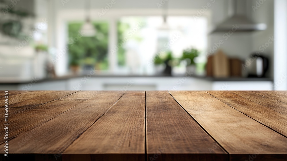 Blurred kitchen background featuring a wooden tabletop Blurred kitchen background featuring a wooden tabletop