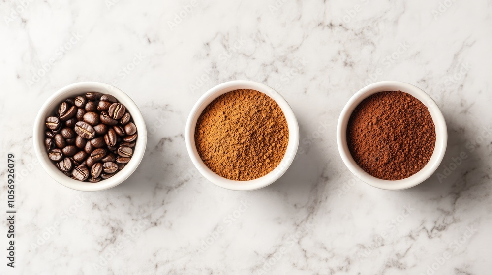 Three cups showcasing various coffee states whole beans freshly ground and brewed coffee set against a light grey marble background Three cups showcasing various coffee states whole beans freshly ground and brewed coffee set against a light grey marble background