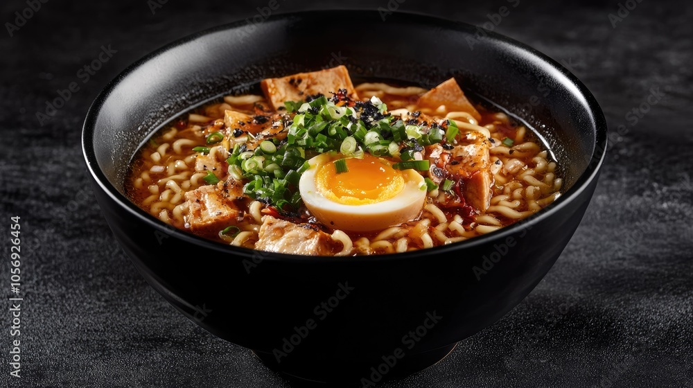 Chicken ramen soup with egg and chives served in a black bowl on a dark backdrop Chicken ramen soup with egg and chives served in a black bowl on a dark backdrop