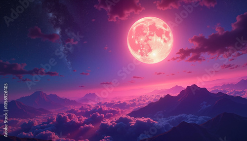 Fantasy landscape with a large pink moon, clouds and distant mountains at twilight 