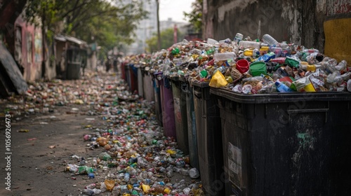 Overflowing Trash Bins and Scattered Garbage in an Urban Alleyway photo