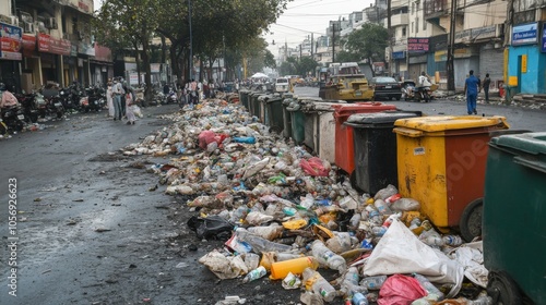 Overflowing Trash Bins and Litter on a City Street