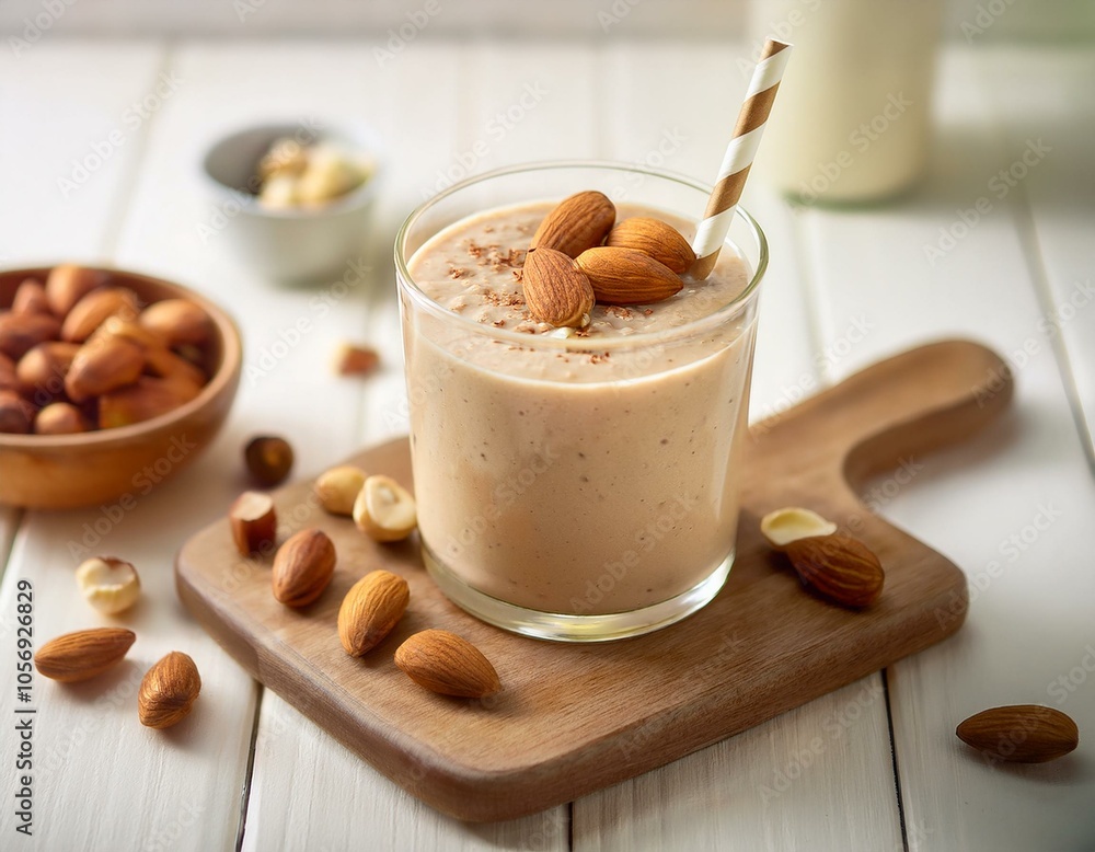 A simple nut smoothie topped with almonds and hazelnuts on a white wooden table A simple nut smoothie topped with almonds and hazelnuts on a white wooden table