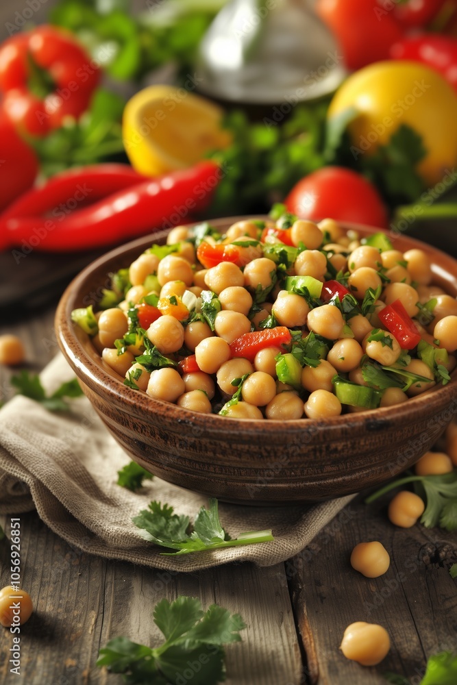 Chickpea salad with fresh vegetables on a rustic wooden table, garnished with herbs and surrounded by colorful produce Chickpea salad with fresh vegetables on a rustic wooden table, garnished with herbs and surrounded by colorful produce